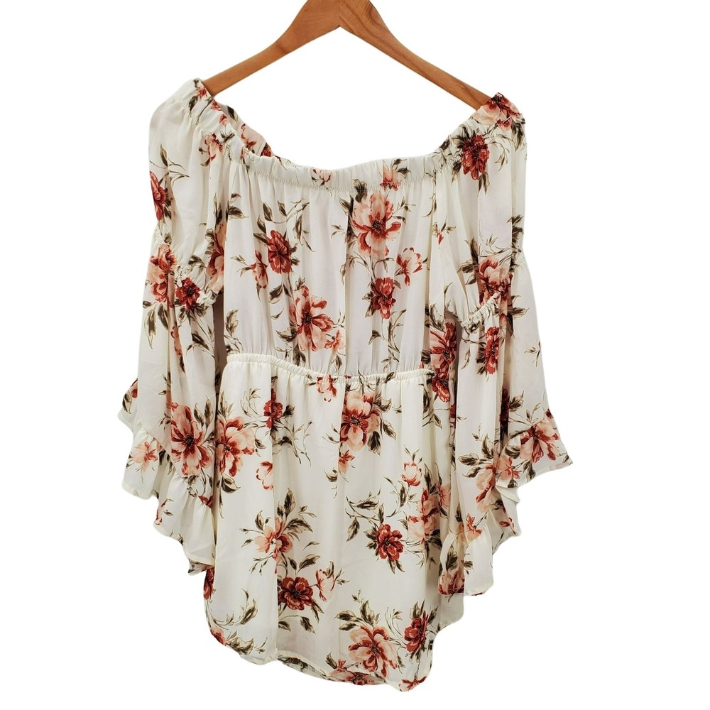 Womens M Floral Off Shoulder Babydoll Peasant‎ Top Boho Bell Sleeve Blouse NWOT